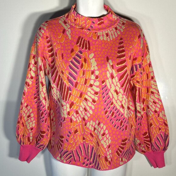 FATE SZ L Bright Pink Abstract Mock Neck Sweater Comfy Art to Wear Colorful - Picture 1 of 8